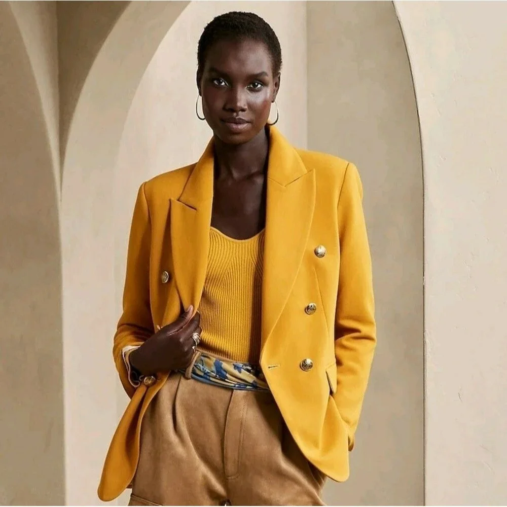 Banana Republic Double Breasted Blazer Gold Button Mustard 10‎ Petite Preppy